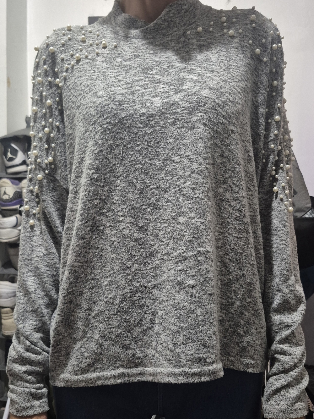 Divided Gray Pearl-Embellished Turtleneck Sweater